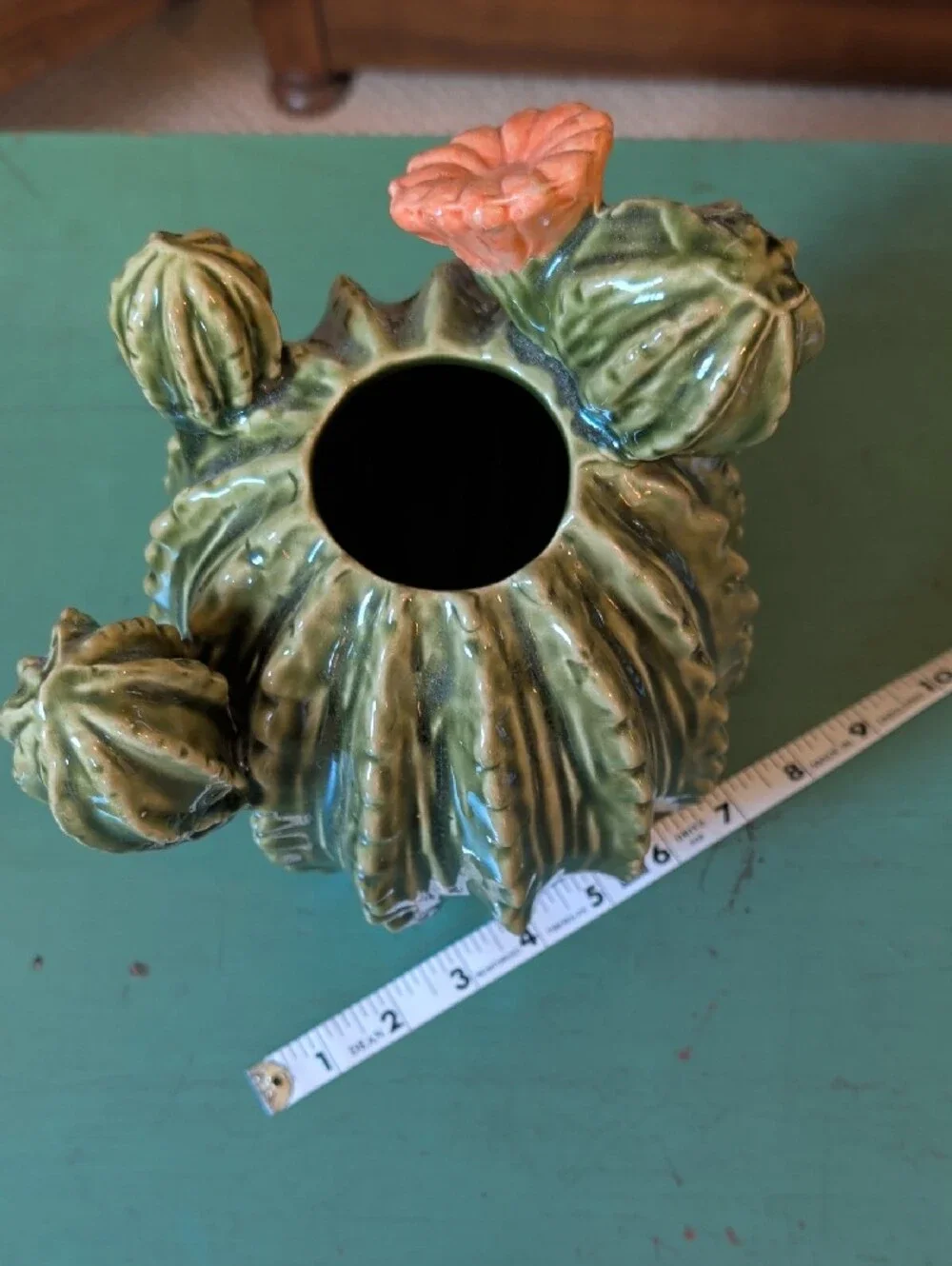 Ceramic Green Cactus Vase with Coral Pink Flower